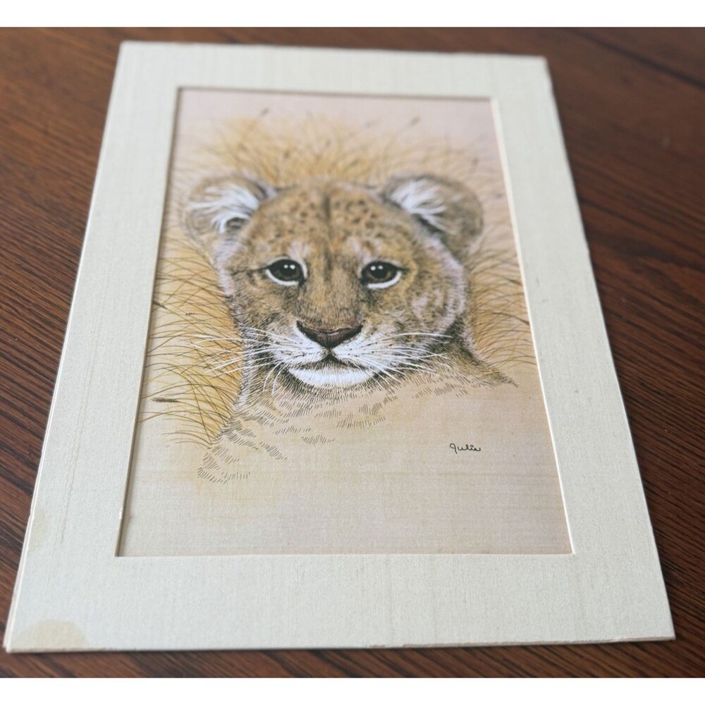 Vintage Lion Cub Print, Signed "Julie," Wall Art  12"x 9"